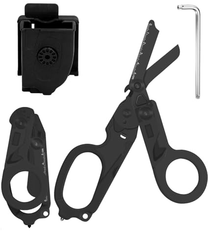 Rettungsschere Trauma Schere 6 in 1 Faltbar Trauma Schere Notfallschere Verbandsschere Mit K-Schutzhülle, Schraubenschlüssel für Professionelle Rettungsdienste, Outdoor Camping (Reines Schwarz)