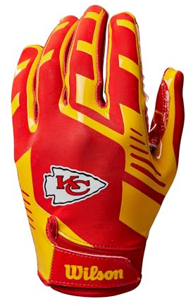 Wilson Youth NFL Stretch Fit Football Handschuhe, Sichere Passform und Fester Grip, Aus atmungsaktivem Stoff mit einem energiegeladenen Design, Team: Kansas City Chiefs, Farbe: Rot/Gelb, Jugendgröße