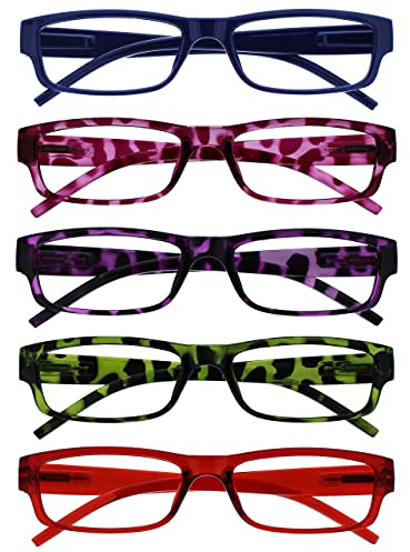 The Reading Glasses Company OPULIZE ACE Lesebrille für Damen und Herren - 5er-Pack - Schmaler Rechteckiger Rahmen - Komfort Federscharniere - Kratzfest - Blau Rosa Lila Grün Schildpatt Rot +2.50