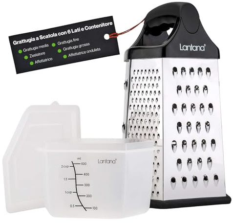 Lantana 6-seitige Reibe mit Behälter - Handreibe/Hobel/Zerkleinerer. 6 unentbehrliche Küchenfunktionen für grobes, mittleres, feines und mikrofeines Reiben/Zesten/Schneiden.