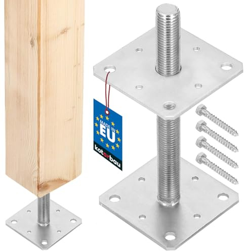 KOTARBAU® Pfostenträger Höhenverstellbar - Montagestütze – 110 x 110 x 250 mm - Balkenschuh - M24 - Verstellbarer Pfostenfuß – Halterung mit Stange für Beton – Stahlanker