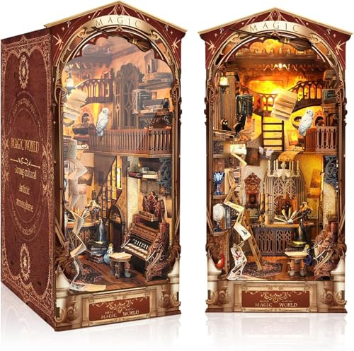 RONSTONE DIY Magische Welt Book Nook Kit, DIY Puppenhäuser Miniatur Haus Kit mit Staubschutzhülle und LED-Licht, 3D Puzzle Buchstützen aus Holz, Kreative Geschenkdekoration für Erwachsene ab 14+