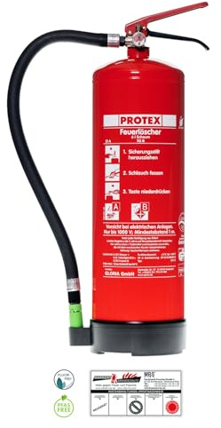 Protex – Schaum-Feuerlöscher SD6 E – 6 Liter – fluorfrei – für die Brandklassen A und B – nach DIN EN 3 – 11 kg – mit praktischer Halterung – mit Prüfplakette – Made in EU