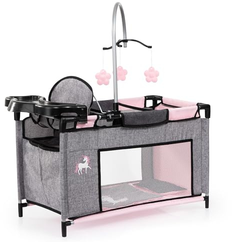 Bayer Design 62633AB Puppenbett mit Schrank, Sitz, Mobile, Ablage, Bettdecke, Kissen, Jeans-grau, rosa, Einhorn, Klein