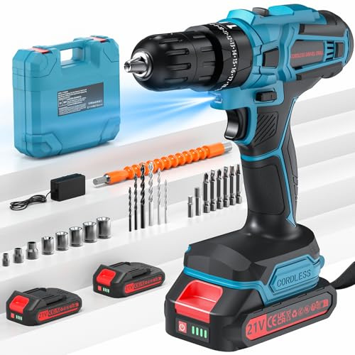 Akkuschrauber, 21V Akku Bohrschrauber Set mit 2 Akkus 2.0Ah, 45 Nm Max, 25+3 Drehmomentstufen,2-Gang,10mm Metallbohrfutter,LED-Licht,Für Reparatur & DIY