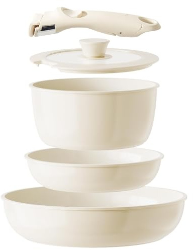 Redchef Keramik Pfannenset mit Abnehmbarem Griff, 5-tlg. Töpfe Abnehmbarer Griff Induktion, Platzsparendes Kochgeschirr (PTFE-frei PFAS-frei PFOA-frei), Backofen- & Spülmaschinenfest