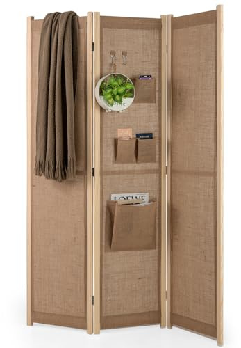 COSTWAY Paravent 170 x 121cm, Raumteiler mit 2 Haken, 1 große & 3 kleine Aufbewahrungstaschen, 3 teilige Trennwand klappbar, Leinen Optik, Holzrahmen, Sichtschutz für innen