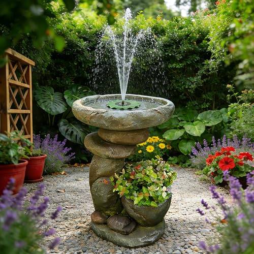 Bumilgar 70CM Solarbrunnen für draußen, Vogeltränke und Pflanzschale im natürlichen Felsdesign aus robustem Kunstharz – geeignet für Garten, Terrasse und Hinterhof, Grau