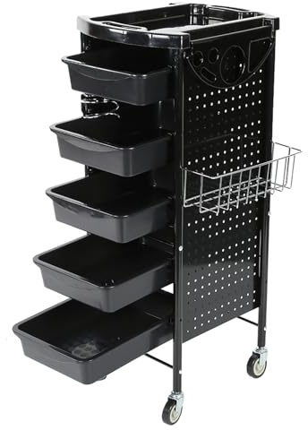 Salon Friseurwagen 6 Etagen mit Föhnhalter, 4 Rollen | 5 Schubladen, Stahlrahmen, Drehbare PVC-Räder, Arbeitswagen für Friseure Kosmetiker,