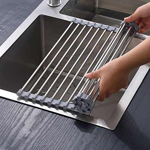 ViWaVee Abtropfgestell Geschirr, Faltbare und Abnehmbare Geschirrabtropfgestell über Dem Spülbecken, Abtropfmatte, Abtropfgitter spüle für Tassen, Obst, Gemüse, Supe Küchen Organizer(Grau(43 * 35))