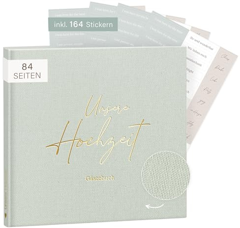 mintkind Gästebuch Hochzeit Salbei - Hochzeitsbuch, 84 Seiten für kreative Einträge, inkl. 4 Stickerbögen - Hochzeitsgeschenk für Brautpaar, Hochzeitsdeko, Gold & Silber Hochzeit