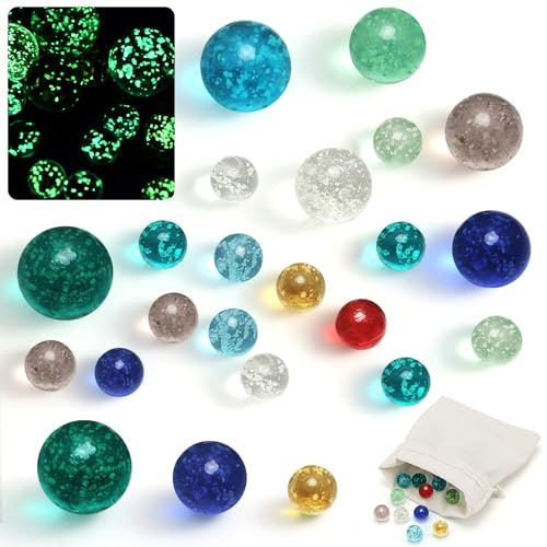 MIHURO 20 Stück Murmeln Glas,16mm/25mm/30mm Glasmurmeln im Dunkeln Leuchten mit Kordelzugbeutel, Murmeln Glas für Murmelspiele Kinder DIY-Projekte, Heimdekoration(3 Größen)