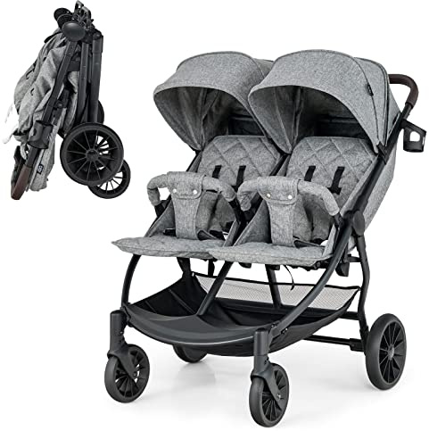 COSTWAY Geschwisterwagen klappbar, Zwillingswagen mit Verstellbarer Rückenlehne, Fußstütze & Baldachin, Reisebuggy mit Liegefunktion, Tragbarer Zwillingsbuggy für Baby bis 3 Jahre (Grau)