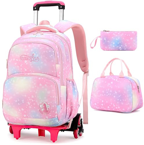 Voici et Voila 3PCS Schulrucksack Mädchen Trolley Rucksack mit Rollen Mädchen Teenager Schultasche Grundschule mit Rollen Backpack Teens Girl Rosa 32X18X45cm