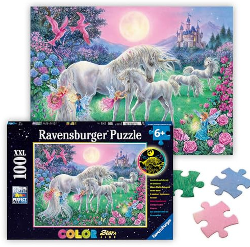 Ravensburger Kinderpuzzle - 13670 Einhörner im Mondschein - Einhorn-Leuchtpuzzle für Kinder ab 6 Jahren, mit 100 Teilen im XXL-Format, Leuchtet im Dunkeln