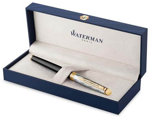 Waterman Hémisphère FüllerMetall und schwarzer Lack mit goldenen Zierteilenziselisierte Kappe | Füllfederhalter aus Edelstahl mit Goldüberzug und mittlerer Feder | Geschenkbox