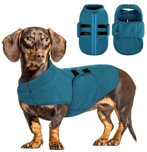 PUZAUKAL Hundepullover Fleece Weste Hundemäntel Winter Warmer Hundeweste für Kleine Hunde Weicher Fleece Hundejacke mit Geschirr Pullover für Mittel Großen Hund Katze-Pfauenblau(XS)