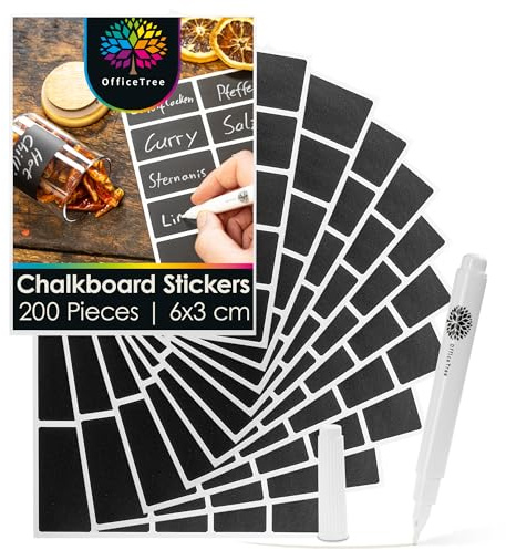 OfficeTree 200 x Tafelaufkleber zum Beschriften inklusive Kreidestift - 6 x 3 cm - Tafel Aufkleber zum Beschriften - Schwarze Etiketten Selbstklebend für Küche Gläser Flaschen
