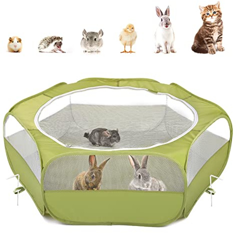 Pawaboo Kleintiere Freigehege, Wasserdicht Faltbar Kaninchen Freilaufgehege für Hasen Hühner Kätzchen Welpen Kaninchen Hamster, Visuell Laufstall mit Netz Reißverschluss und Nylonboden - Grün