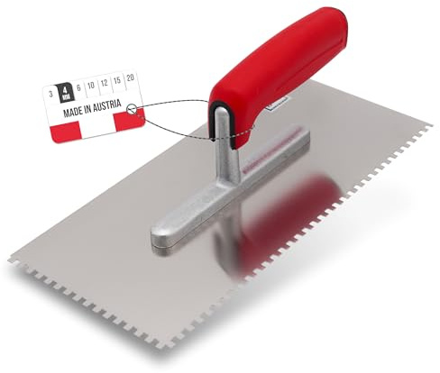 WERKFIT Profi Zahnkelle aus Edelstahl 3 mm - Glättekelle gezahnt Rostfrei - Zahnspachtel mit Softgriff - Traufel Hergestellt in Österreich 280x130mm (4x4mm)