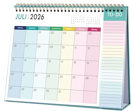 Tischkalender 2026 2027 - Kalender 2026 2027, 18 Monatskalender von Juli 2026 bis Dezember 2027, Tischkalender mit Aufgabenliste, 26.7 x 21.8 x 7.8 cm - Pastellfarben