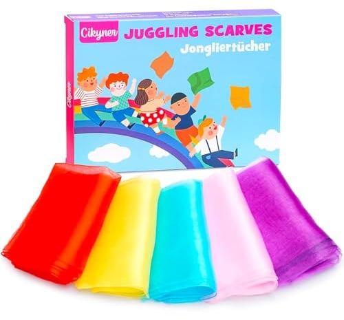 Cikyner Jongliertücher, 5er Set Chiffontücher | Tanz- & Sensory Spielzeug | 5 bunte Chiffontücher (60x60 cm) für Jonglieren, Tanzen, Kindergarten, Gymnastik und kreatives Spielen drinnen & draußen