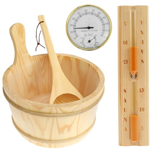 Sutowe 4-teiliges Sauna-Zubehörset mit Holzeimer + Schöpflöffel-Thermometer + Sanduhr-Timer-Set Wellness-Infusion Komplettpaket für Dampfbad