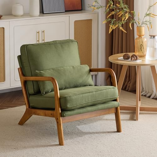 Bonnlo Sessel Gepolsterter Cocktailsessel, Moderner loungesessel, Ohrensessel für Wohnzimmer, Polsterstuhl mit Massivholz, Lesesessel, bis 200 kg belastbar (Leinen-Grün)