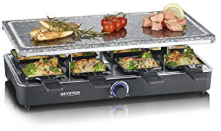 SEVERIN Raclette-Partygrill mit Naturgrillstein, Raclette mit Grillplatte aus Stein und 8 antihaftbeschichteten Pfännchen, Tischgrill für 8 Personen, max. 1300 W, schwarz, RG 2372