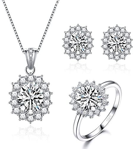 Cangall Silber Damen Schmuck Set, 925 Sterling Silber Halskette Ohrringe Ring Set, Silber Prinzessin Diana Schmuckset mit AAAAA Zirkonia, Silber Luxus Hochzeit Schmuck Set, Geschenk zum Geburtstag