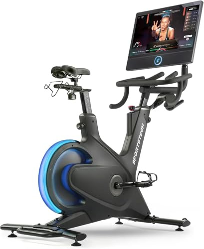 Sportstech Speedbike Heimtrainer Fahrrad mit 21,5 Zoll Touchdisplay | Indoor Cycling Bike, SPD Klickpedale, Transportrollen, Bluetooth Pulsgurt kompatibel, Nutzergewicht bis 150 kg