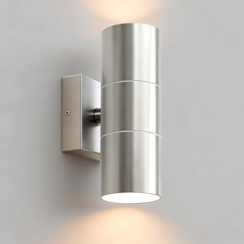 JNR Aussenlampe Wand IP65 Wasserdichte Wandleuchte Aussen, Silber | Edelstahl, Außenlampe Wand 2*5w GU10 3000K Warmweiß LED Glühbirne, 230V Außenleuchte Aussenleuchte, Ausenbeleutung Hauswand