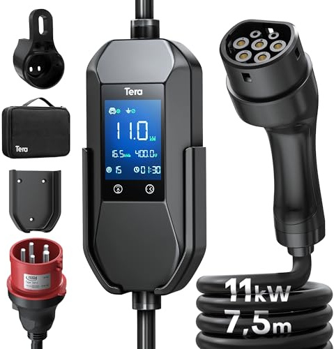 Tera Mobile Wallbox EV Ladegerät Ladestation : 11kW CEE 16A auf Typ 2 IP66 3-Phasig 7.5m 2,8” Steuerbarer Digitalanzeige für Model Y/3, ID.3/4/5, MG4, EX30, e-up, e-tron, Zoe und Andere EV P06