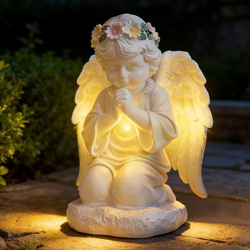 lifemet Solar Engel Figur für Grab, wetterfestes Außendekoration für Rasen | Gebetsvolle LED-Schutzengel-Statue, Feenengel-Skulptur für Gärten, Rasenflächen, Innenhöfe, Terrassen, Geschenk für Mama
