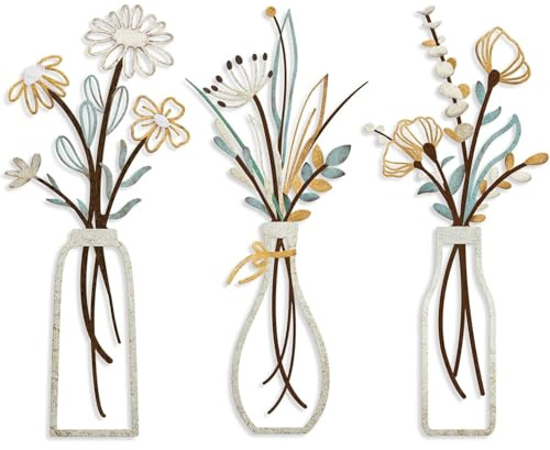 Wonninek 3Stück Metall Blumen Wanddekoration, Bunte Metall Blumen Wandskulptur, Schwarze Minimalistische Vase Wandkunst für Terrasse Wohnzimmer Badezimmer Schlafzimmer Esszimmer Küche Dekorationen
