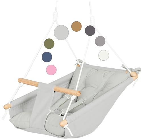 Leinwand Baby Hängematte Schaukel von Cateam - Grau - Hängende Schaukel aus Holz für Baby mit Sicherheitsgurt und Montageteilen. Baby Hängemattenstuhl Geburtstagsgeschenk