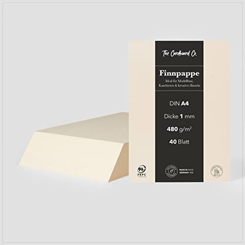 Finnpappe, 1 mm (480 g/m²), DIN A4 (210 x 297 mm), 40 Blatt, Naturweiß, Holzpappe für Modellbau, Kaschieren & kreatives Basteln