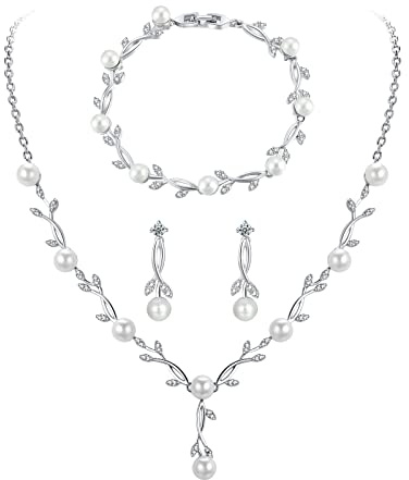 Toplstud Hochzeit 925 Schmuckset Silber Damen, Halskette Armband Ohrringe in Form eines Blattes mit Perlen, Hochzeitstag Geschenke für Braut Frauen