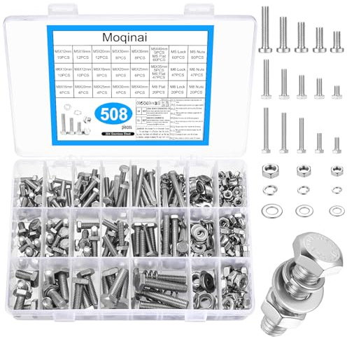 Moqinai508 Stück M5 M6 M8 Edelstahl Sechskantschrauben Muttern Set, Maschinenschrauben Sortiment Metrische Gewindeschrauben Set, Schraubenset mit Unterlegscheiben Sets, Sechskant Schrauben mit Muttern