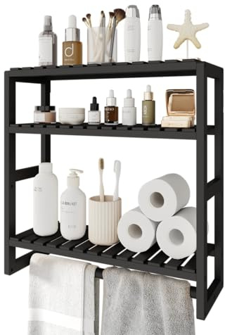 Bamworld Badezimmer Regal Badmöbel Bambus 3 Etagen Organizer Badezimmermöbel Für die Wand Platzsparend Modern （Schwarz）（42x15x42cm）