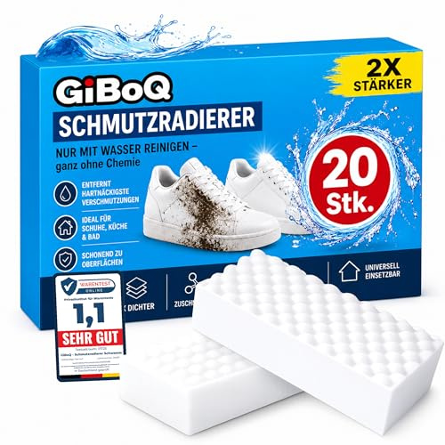GiBoQ® Schmutzradierer | 20 Stück | Premium Extra Dicht Radierschwamm & Zauberschwamm – Magic Eraser für hartnäckige Flecken auf Küche, Bad, Weiße Wände, Schuhe, Sneaker & Auto