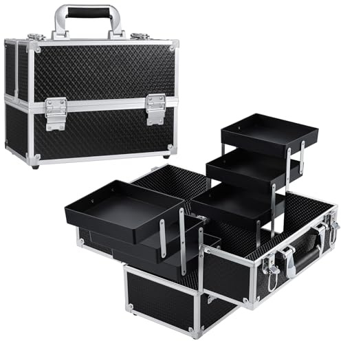 Joligrace Kosmetikkoffer Schminkkoffer mit robustem Aluminiumrahmen, Nähkoffer, Schminkkasten Multikoffer Make up Organizer Koffer Aufbewahrung Friseurkoffer Alu Beauty Case, Schwarz