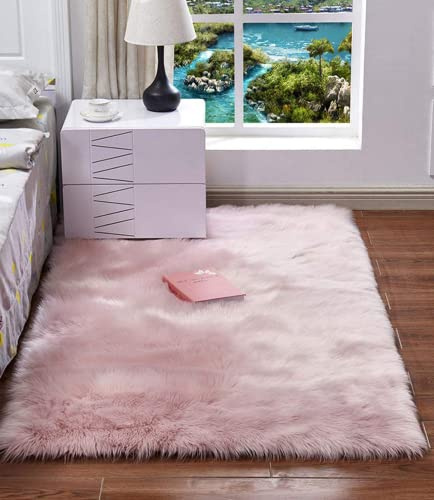 HARESLE Waschbarer Teppich, Wohnzimmer Schlafzimmer Kunstfell Teppich rutschfest Flauschig Weich Lammfell Imitat (Rosa/120x160cm)