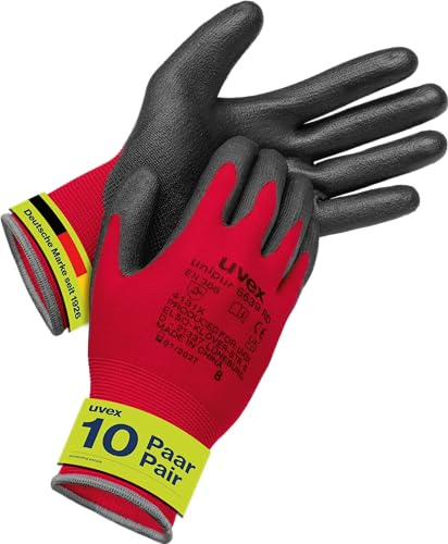 Uvex unipur 6639, 10 Paar - Montagehandschuh für trockene & leicht feuchte Bereiche - leicht, feinfühlig & schmutzunempfindlich - rot, schwarz - Größe 08/M