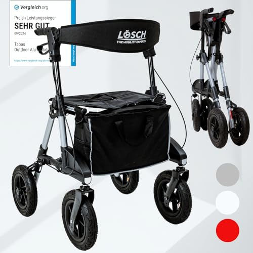 TABAS faltbarer Rollator mit Sitz - Preis-/Leistungssieger für Outdoor mit Luftbereifung, Sitzfläche und Rückengurt, Tasche und Stockhalter - Gehhilfe von Lösch Reha