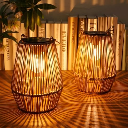 KagoLing Solar Laternen für Außen, 2 Stücke Solarlampen für Draußen im Böhmischen Stil mit LED-Glühbirne Hängend/Stehend Handgestrickte Solarlampen für Terrasse Garten Innenhof Balkon Deko Geschenk