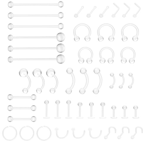 Tucnoeu 48pcs Piercing Set Transparent Acryl Piercing Nasenring Nasenstecker Lippenring Septum Augenbraue Zunge Industrial Piercing Acryl für OP Schmuck Kit