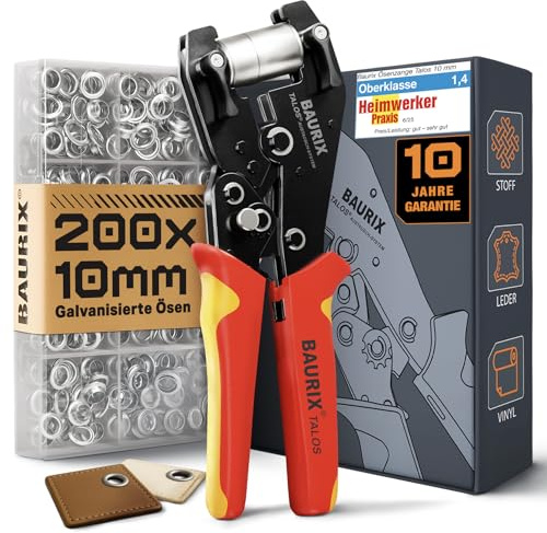 BAURIX® Ösenzange für Planen inkl 200 rostfreie Ösen (Ø 10mm) für PVC, Stoff, Leder – Ohne Vorstanzen – Hält Ösen magnetisch – Karbonstahl-Werkzeug – ideal für Schneider, Heimwerker & Bastler – TALOS