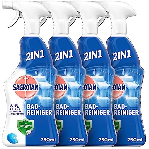 Sagrotan Bad-Reiniger Ozeanfrische, 2in1 Desinfektionsreiniger mit Antischmutzfilm für zuverlässige Hygiene im Badezimmer, 4 x 750 ml Sprühflaschen