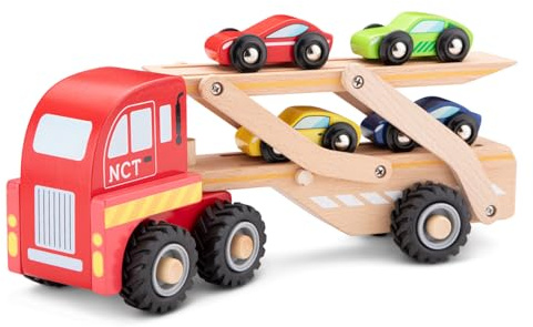 New Classic Toys NCT1960 Autotransporter inklusive 4 Fahrzeugen | Holz-Fahrzeugset, Autotransporter, Spielzeugautos, Schiebespielzeug, Fahrzeug-Spielset, ab 18 Monaten